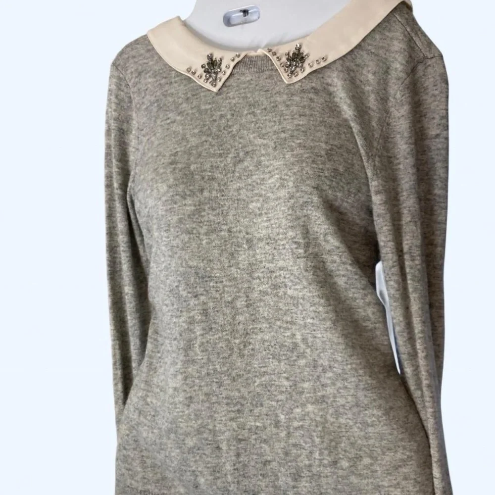 LOFT Gray Knit Sweater with Cream Embellished Collar